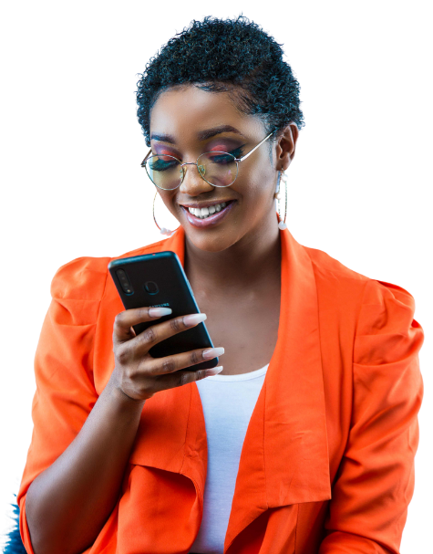 Happy customer using phone